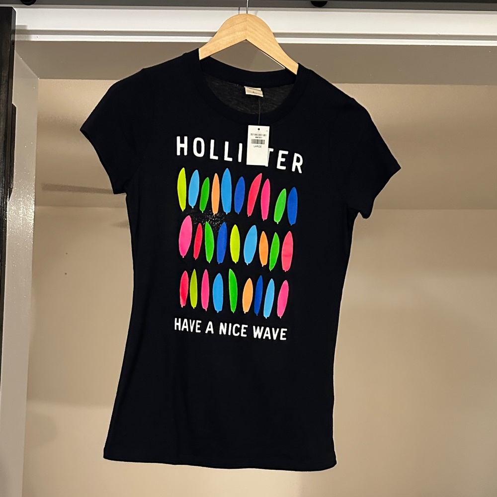 Hollister Black Tee with Vibrant Surfboard Design